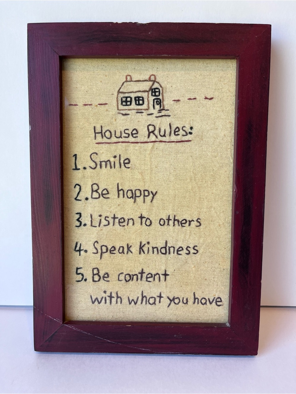 Vintage House Rules Cross Stitch Framed Wall Art Country Cottage Farmhouse